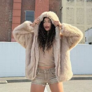 SMFK Women's Faux Fur Hooded Jacket - Cream